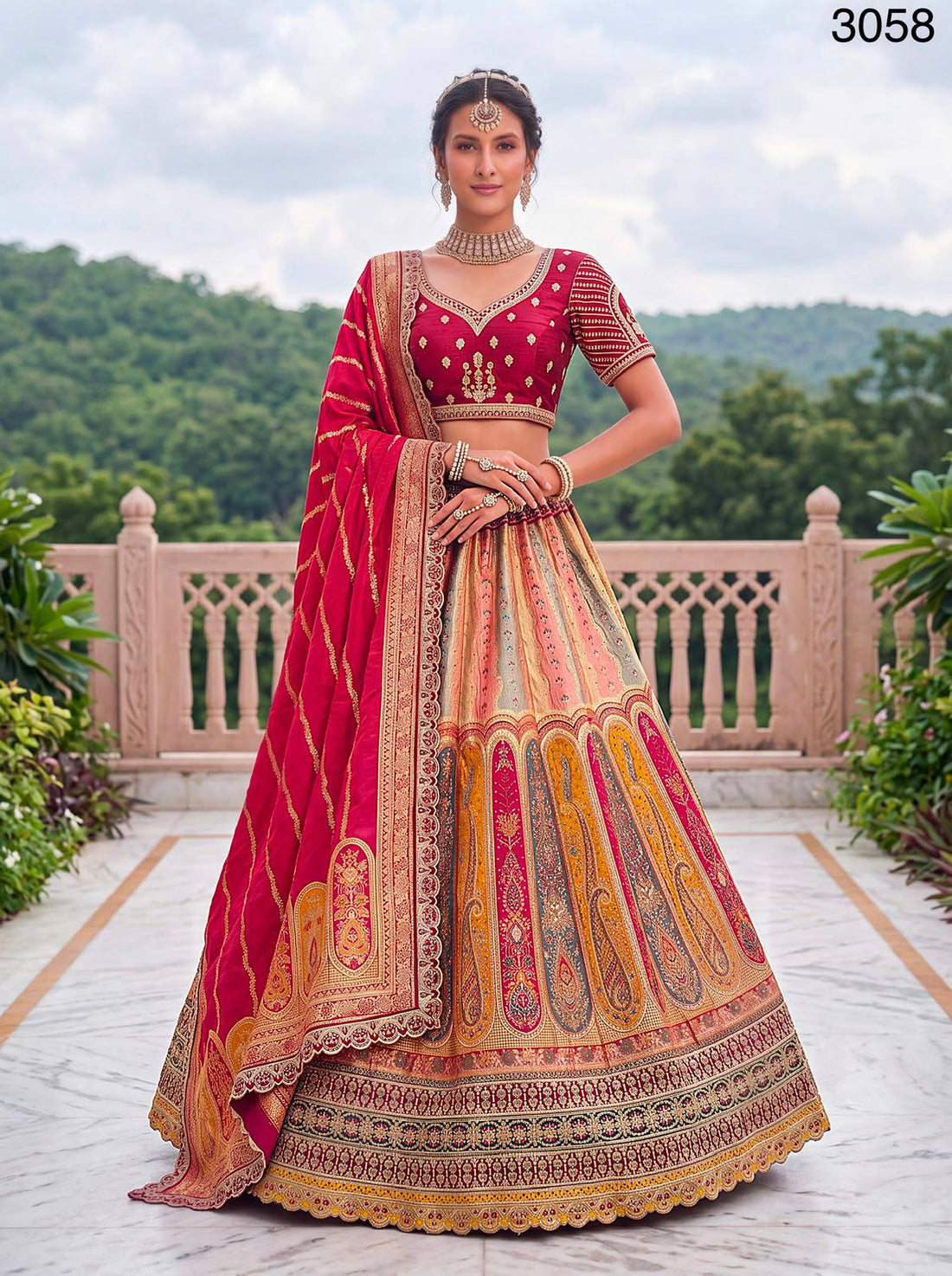Multi Pink Pure Banarasi Silk Zari Handwork Crystal studded Thread Work Bridal Lehenga Choli