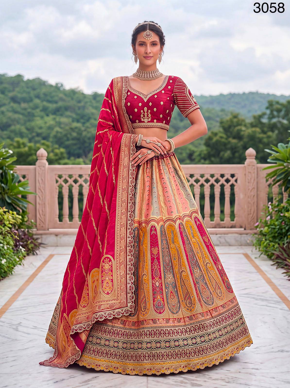 Multi Pink Pure Banarasi Silk Zari Handwork Crystal studded Thread Work Bridal Lehenga Choli