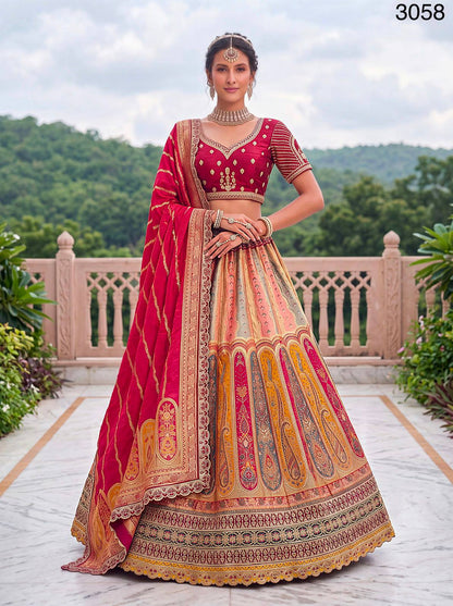 Multi Pink Pure Banarasi Silk Zari Handwork Crystal studded Thread Work Bridal Lehenga Choli