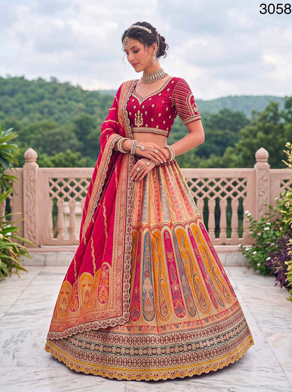 Multi Pink Pure Banarasi Silk Zari Handwork Crystal studded Thread Work Bridal Lehenga Choli