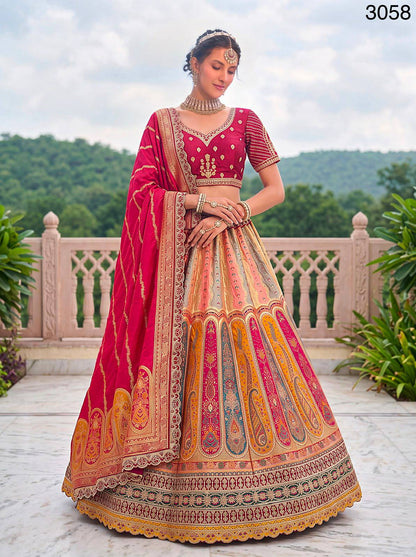 Multi Pink Pure Banarasi Silk Zari Handwork Crystal studded Thread Work Bridal Lehenga Choli