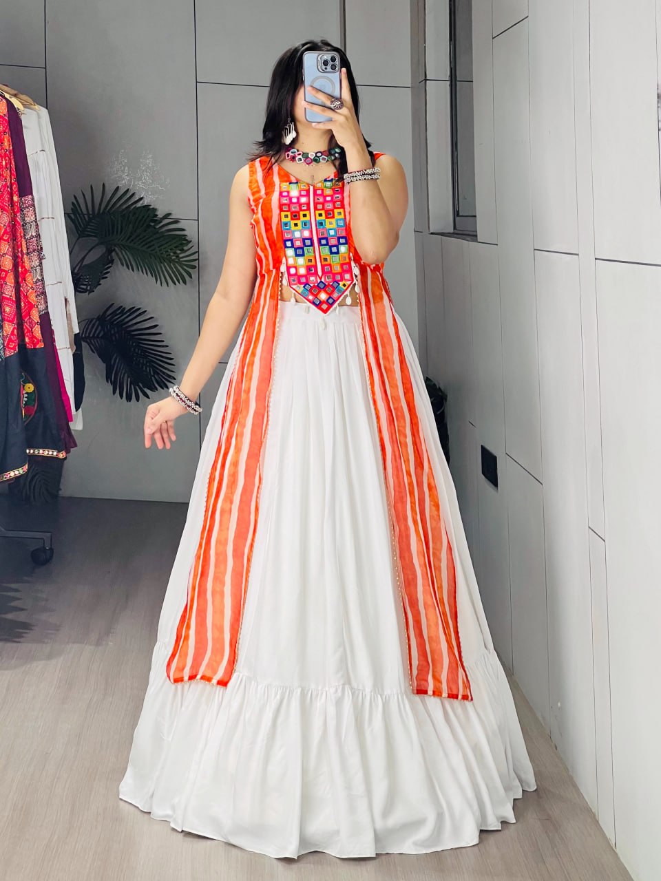 Orange Pure Pure Rayon Cotton Plain With Frill Pattern Navratri Lehenga Choli