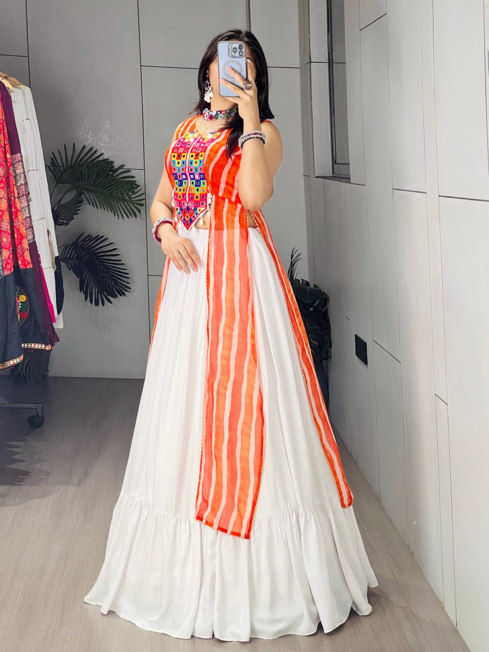 Orange Pure Pure Rayon Cotton Plain With Frill Pattern Navratri Lehenga Choli