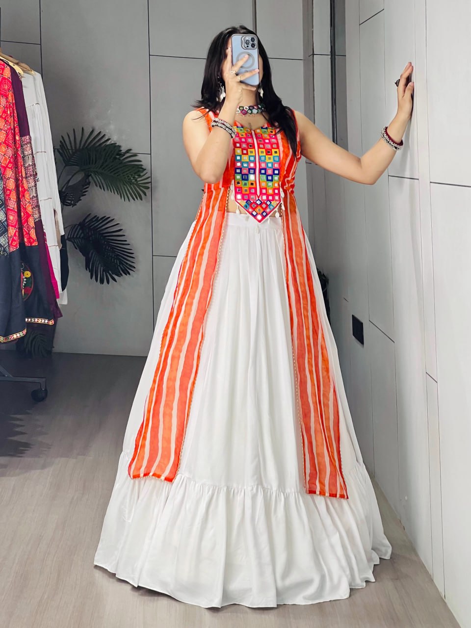 Orange Pure Pure Rayon Cotton Plain With Frill Pattern Navratri Lehenga Choli
