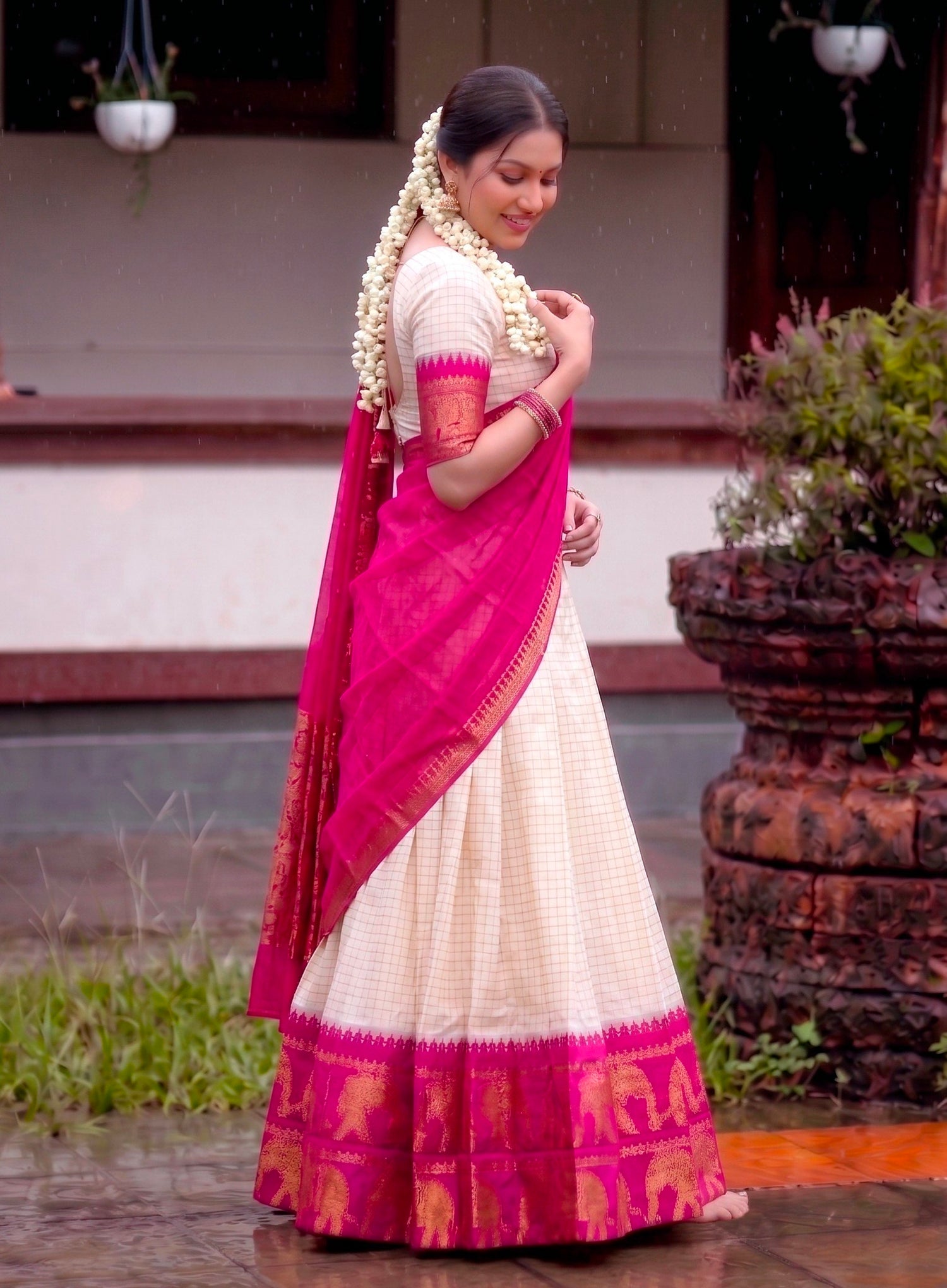 Pink Pure Soft Poly Cotton Chex With Zari Weaving Work Lehenga Choli