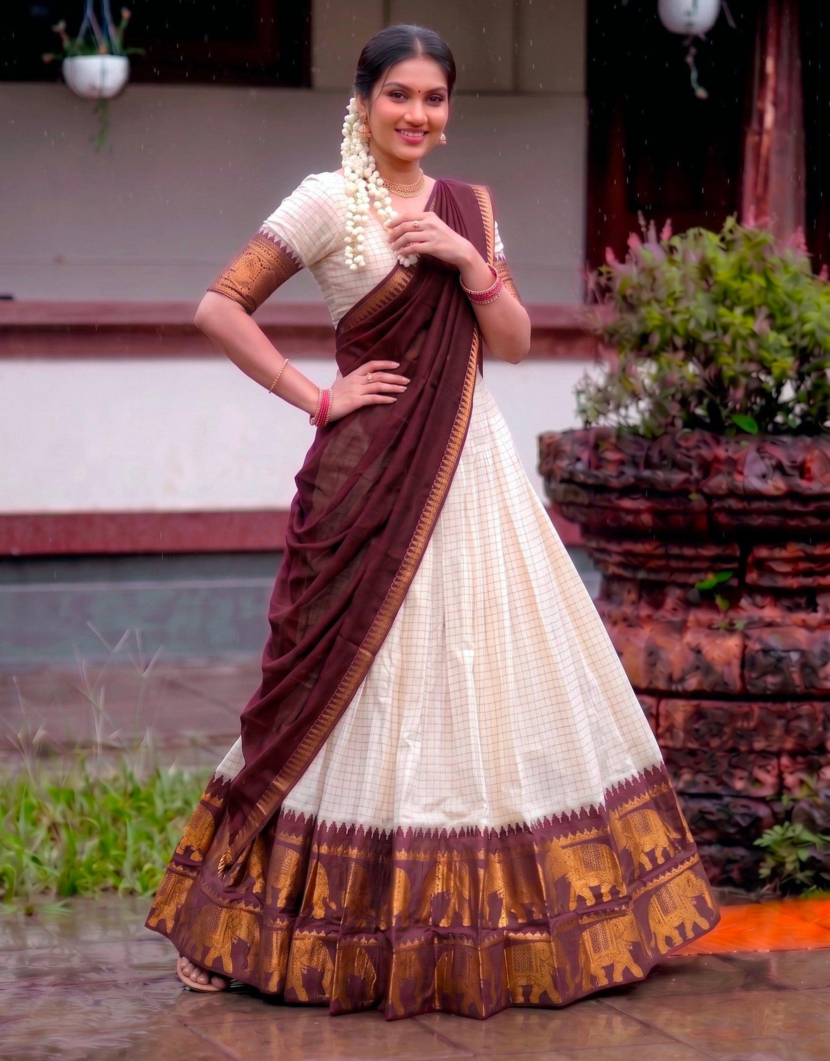Wine Pure Soft Poly Cotton Chex With Zari Weaving Work Lehenga Choli