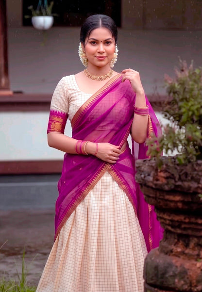 White Pure Soft Poly Cotton Chex With Zari Weaving Work Lehenga Choli
