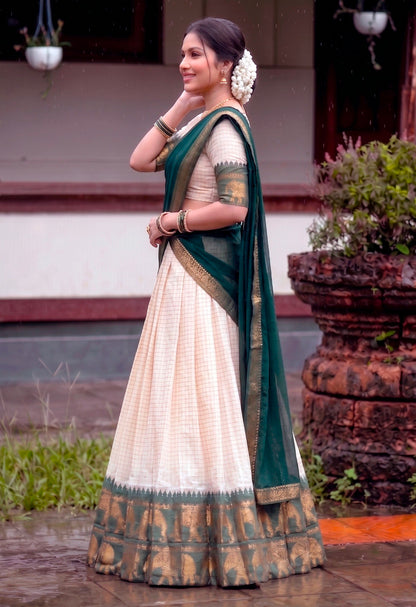 Green Pure Soft Poly Cotton Chex With Zari Weaving Work Lehenga Choli