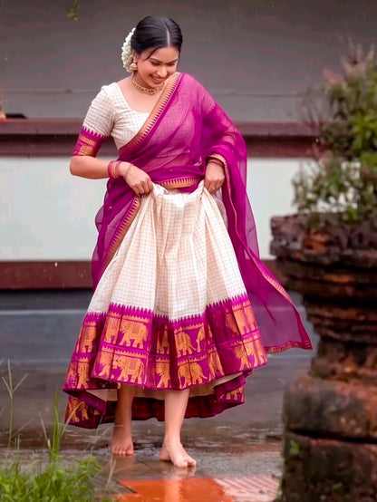White Pure Soft Poly Cotton Chex With Zari Weaving Work Lehenga Choli