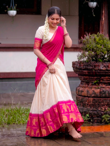 Pink Pure Soft Poly Cotton Chex With Zari Weaving Work Lehenga Choli