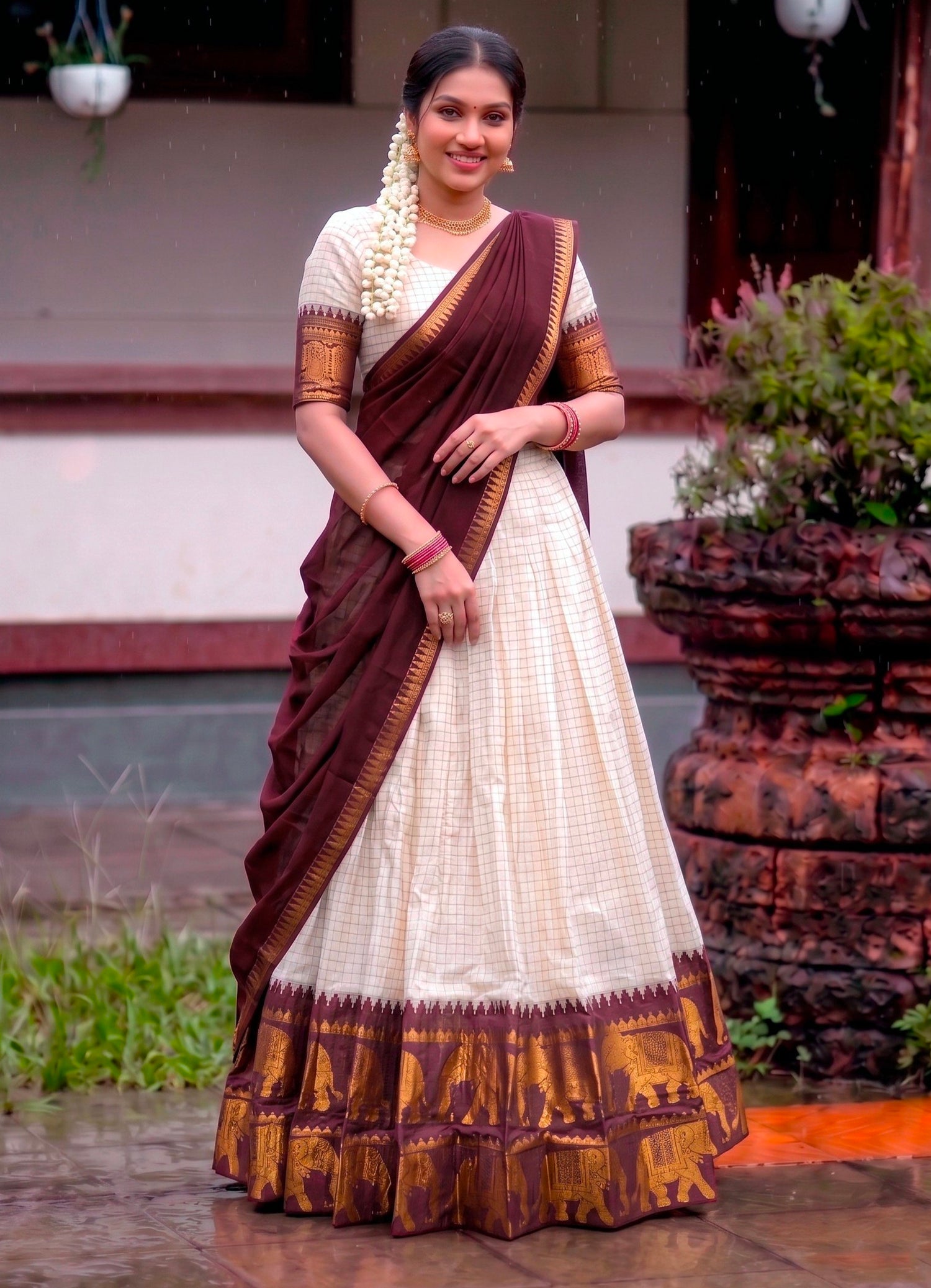 Wine Pure Soft Poly Cotton Chex With Zari Weaving Work Lehenga Choli