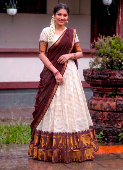 Wine Pure Soft Poly Cotton Chex With Zari Weaving Work Lehenga Choli