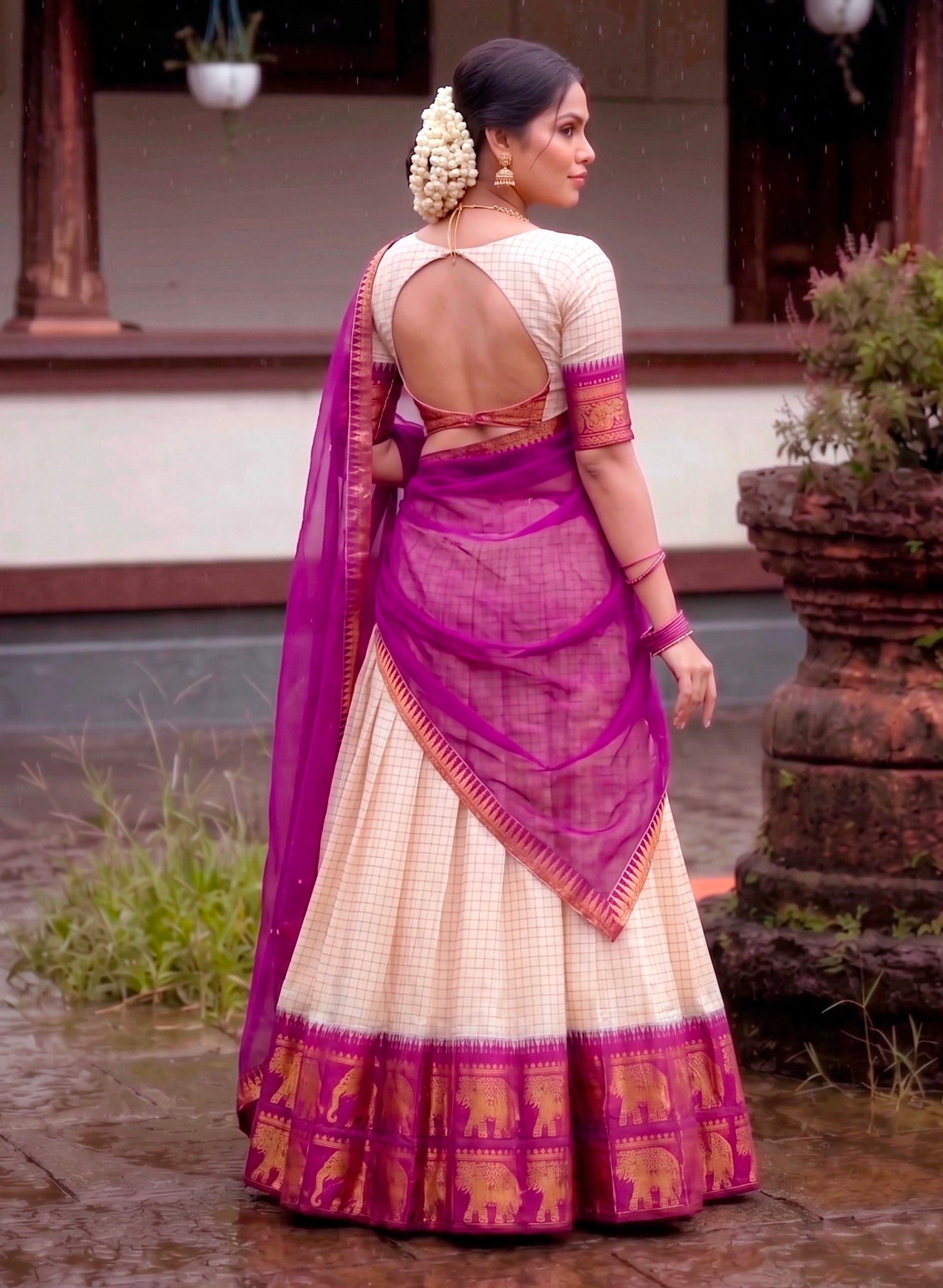 White Pure Soft Poly Cotton Chex With Zari Weaving Work Lehenga Choli