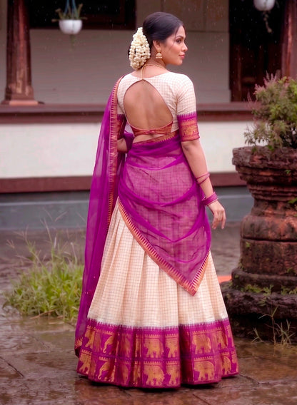 White Pure Soft Poly Cotton Chex With Zari Weaving Work Lehenga Choli