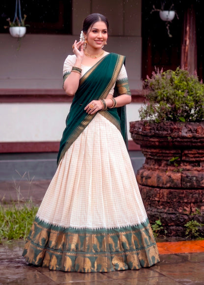 Green Pure Soft Poly Cotton Chex With Zari Weaving Work Lehenga Choli