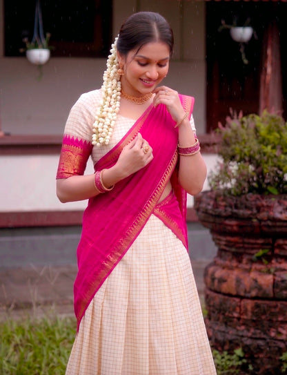 Pink Pure Soft Poly Cotton Chex With Zari Weaving Work Lehenga Choli