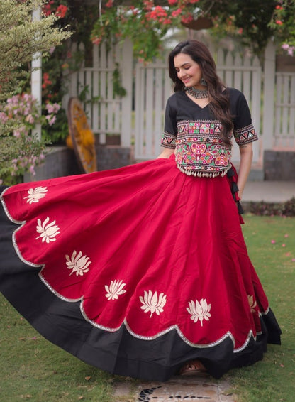Red Pure Roman Silk With Attractive Round Gota Pattern Navratri Lehenga Choli