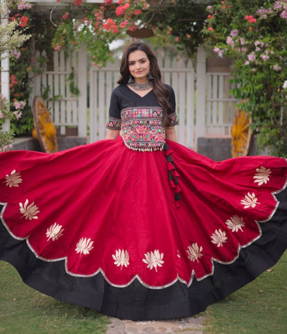 Red Pure Roman Silk With Attractive Round Gota Pattern Navratri Lehenga Choli