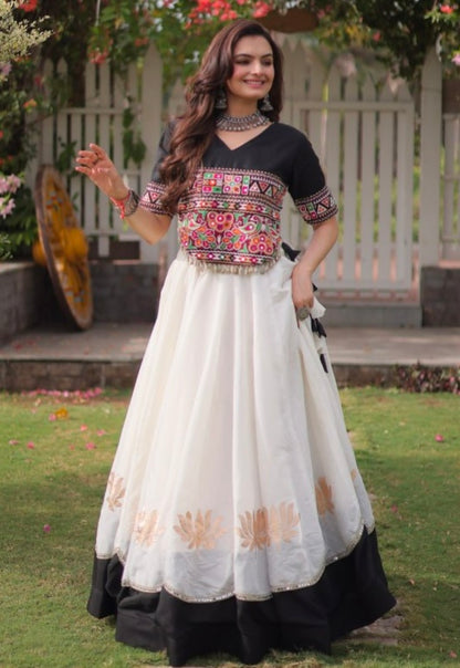 Black Pure Roman Silk With Attractive Round Gota Pattern Navratri Lehenga Choli