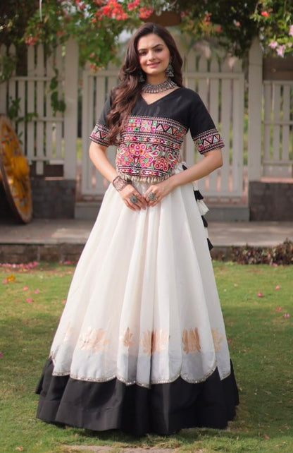 Black Pure Roman Silk With Attractive Round Gota Pattern Navratri Lehenga Choli