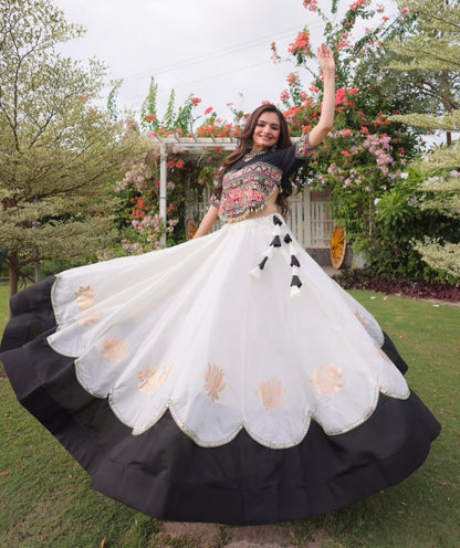 Black Pure Roman Silk With Attractive Round Gota Pattern Navratri Lehenga Choli