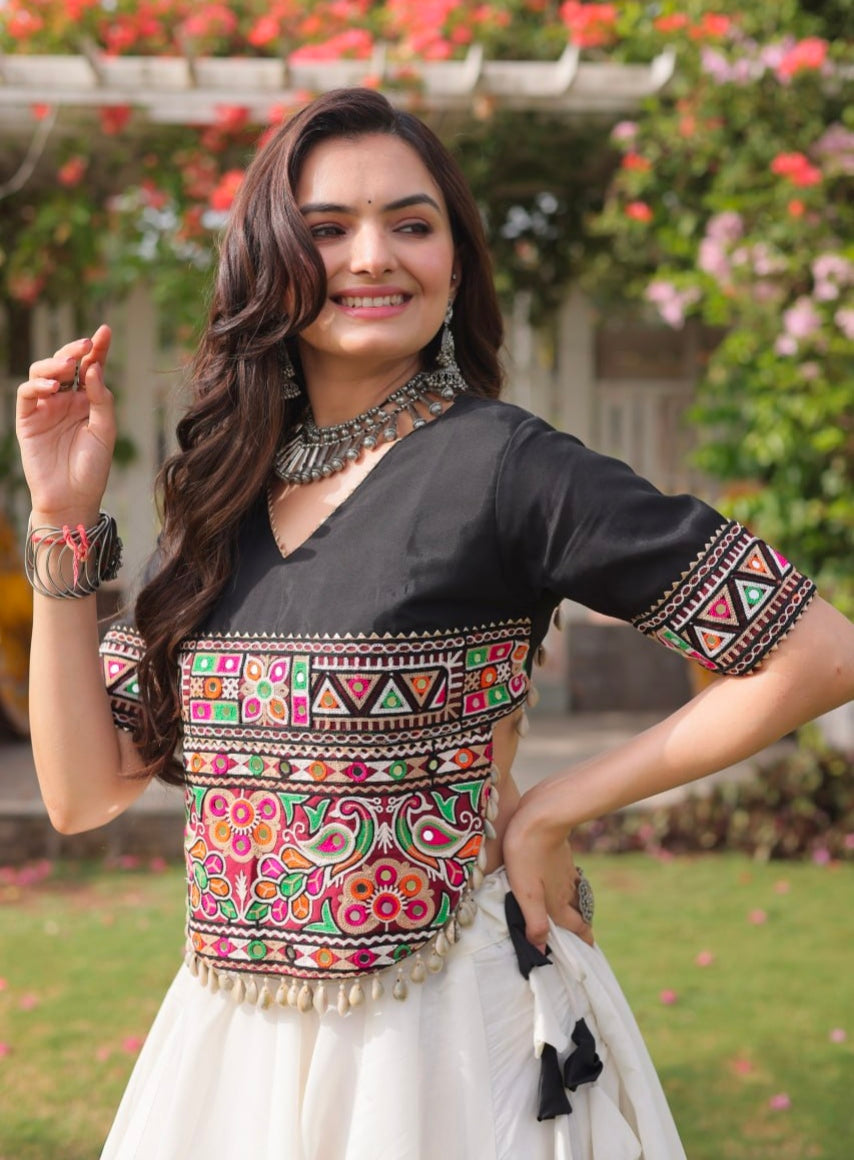 Black Pure Roman Silk With Attractive Round Gota Pattern Navratri Lehenga Choli