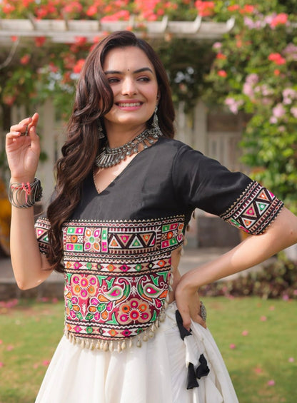 Black Pure Roman Silk With Attractive Round Gota Pattern Navratri Lehenga Choli
