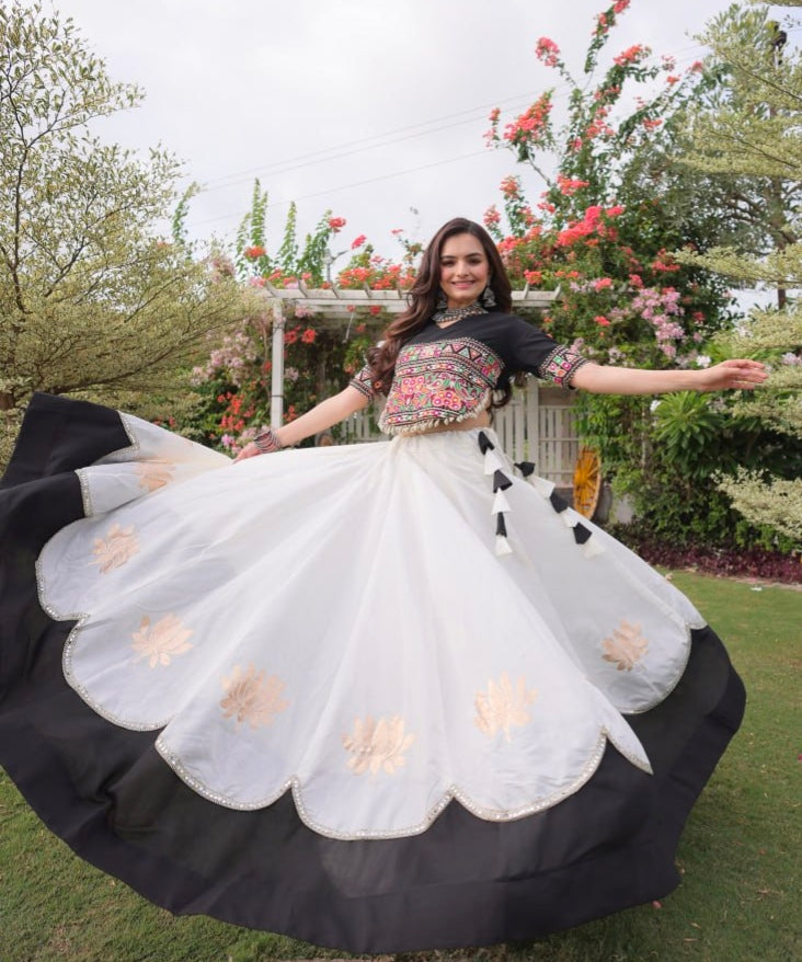 Black Pure Roman Silk With Attractive Round Gota Pattern Navratri Lehenga Choli