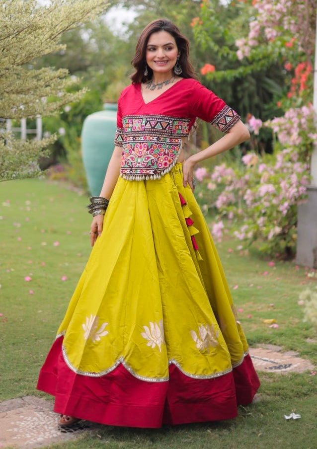 Yellow Pure Roman Silk With Attractive Round Gota Pattern Navratri Lehenga Choli