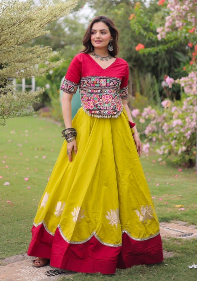 Yellow Pure Roman Silk With Attractive Round Gota Pattern Navratri Lehenga Choli