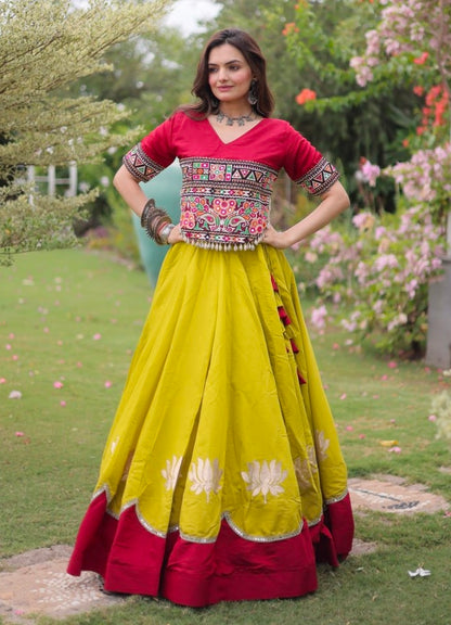 Yellow Pure Roman Silk With Attractive Round Gota Pattern Navratri Lehenga Choli