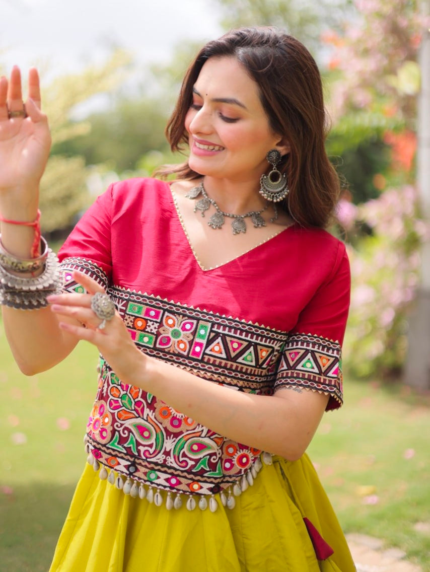 Yellow Pure Roman Silk With Attractive Round Gota Pattern Navratri Lehenga Choli