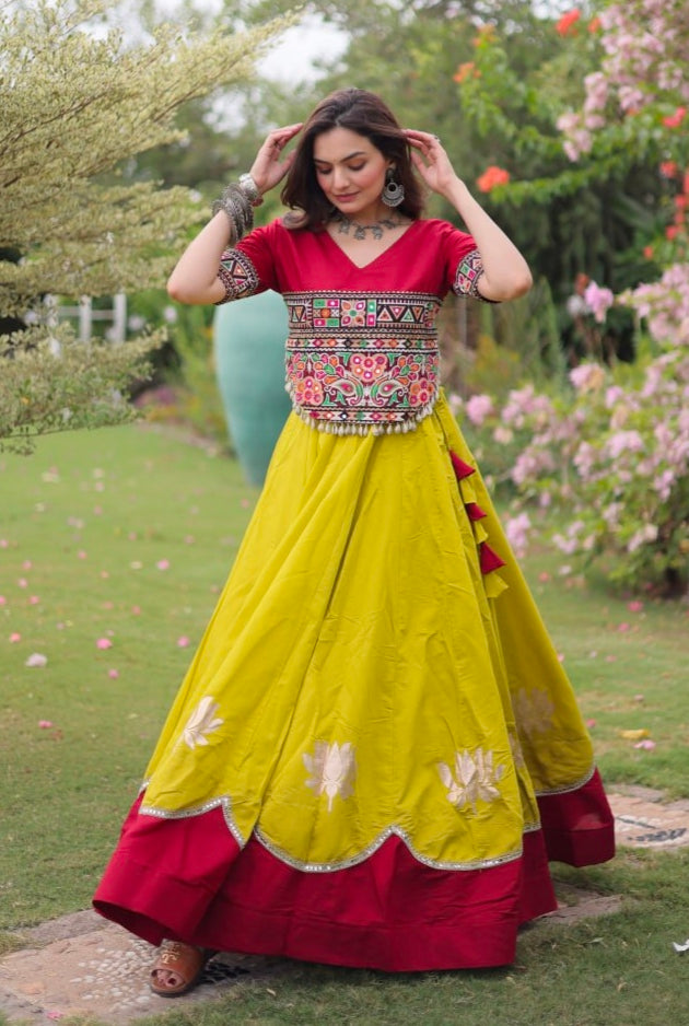 Yellow Pure Roman Silk With Attractive Round Gota Pattern Navratri Lehenga Choli