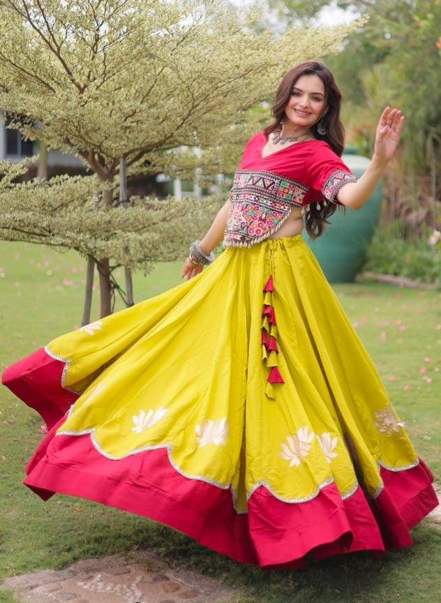 Yellow Pure Roman Silk With Attractive Round Gota Pattern Navratri Lehenga Choli
