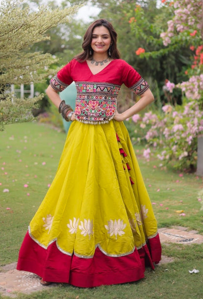 Yellow Pure Roman Silk With Attractive Round Gota Pattern Navratri Lehenga Choli