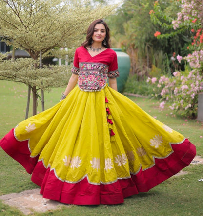 Yellow Pure Roman Silk With Attractive Round Gota Pattern Navratri Lehenga Choli