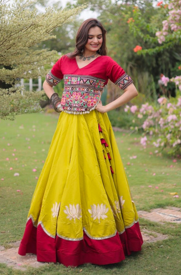 Yellow Pure Roman Silk With Attractive Round Gota Pattern Navratri Lehenga Choli