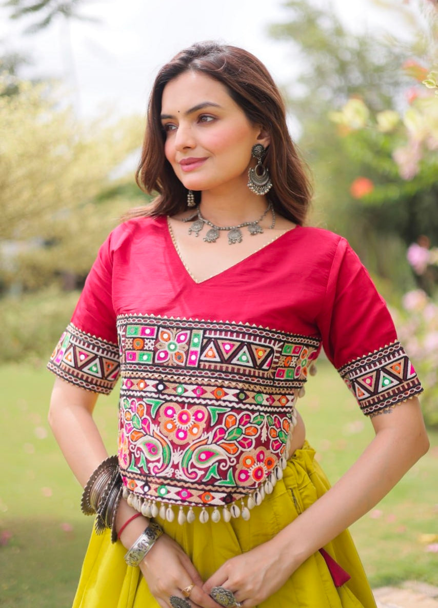 Yellow Pure Roman Silk With Attractive Round Gota Pattern Navratri Lehenga Choli