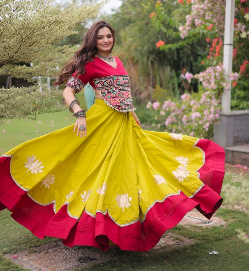 Yellow Pure Roman Silk With Attractive Round Gota Pattern Navratri Lehenga Choli