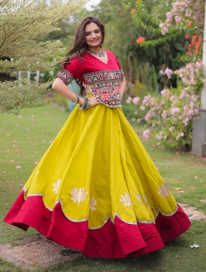 Yellow Pure Roman Silk With Attractive Round Gota Pattern Navratri Lehenga Choli