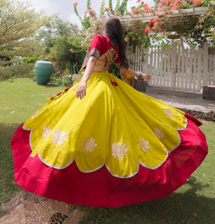 Yellow Pure Roman Silk With Attractive Round Gota Pattern Navratri Lehenga Choli