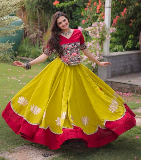 Yellow Pure Roman Silk With Attractive Round Gota Pattern Navratri Lehenga Choli