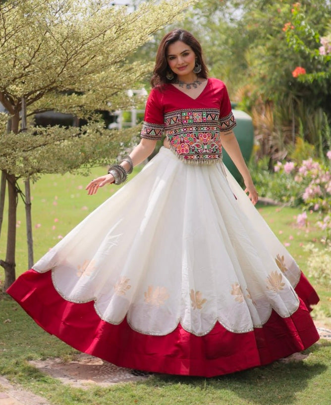 Red Pure Roman Silk With Attractive Round Gota Pattern Navratri Lehenga Choli