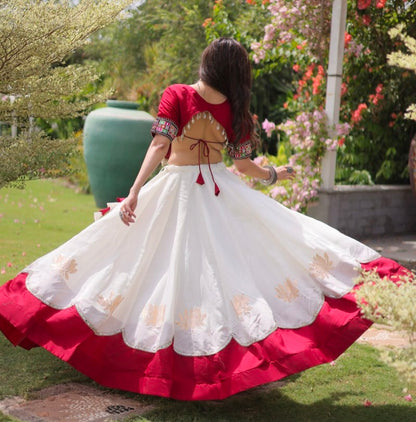 Red Pure Roman Silk With Attractive Round Gota Pattern Navratri Lehenga Choli