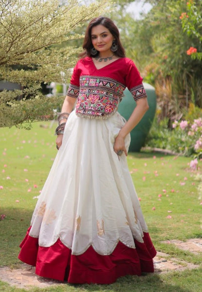 Red Pure Roman Silk With Attractive Round Gota Pattern Navratri Lehenga Choli