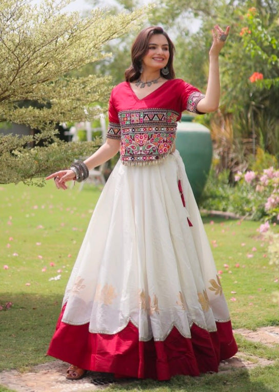 Red Pure Roman Silk With Attractive Round Gota Pattern Navratri Lehenga Choli
