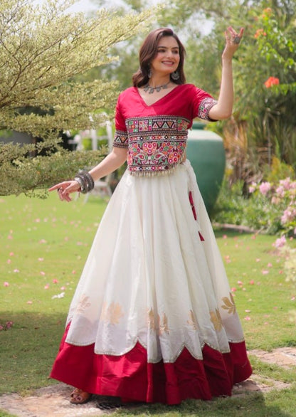 Red Pure Roman Silk With Attractive Round Gota Pattern Navratri Lehenga Choli