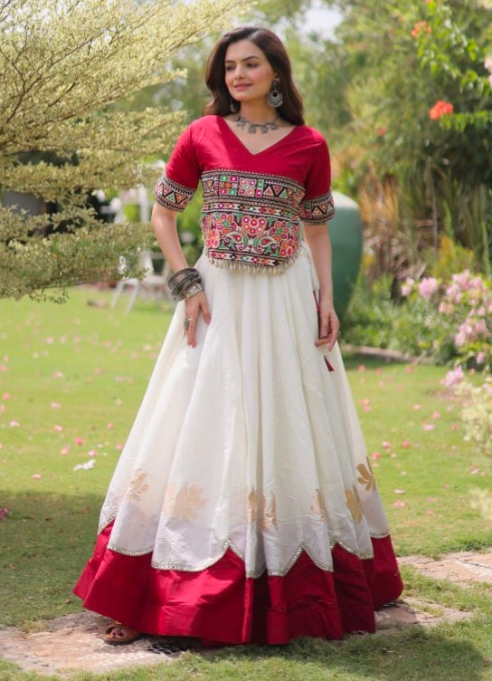 Red Pure Roman Silk With Attractive Round Gota Pattern Navratri Lehenga Choli