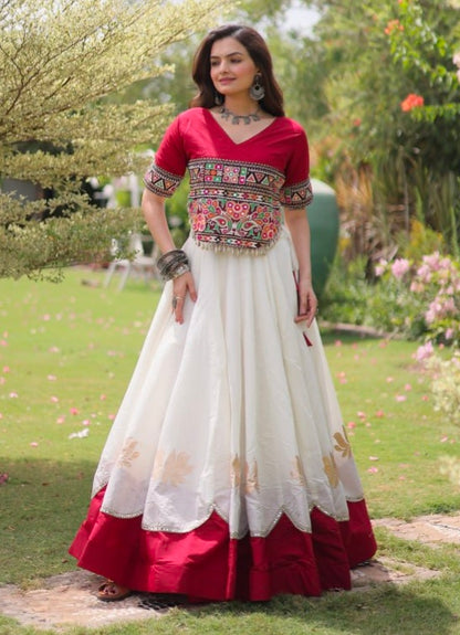Red Pure Roman Silk With Attractive Round Gota Pattern Navratri Lehenga Choli