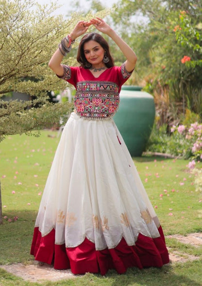 Red Pure Roman Silk With Attractive Round Gota Pattern Navratri Lehenga Choli